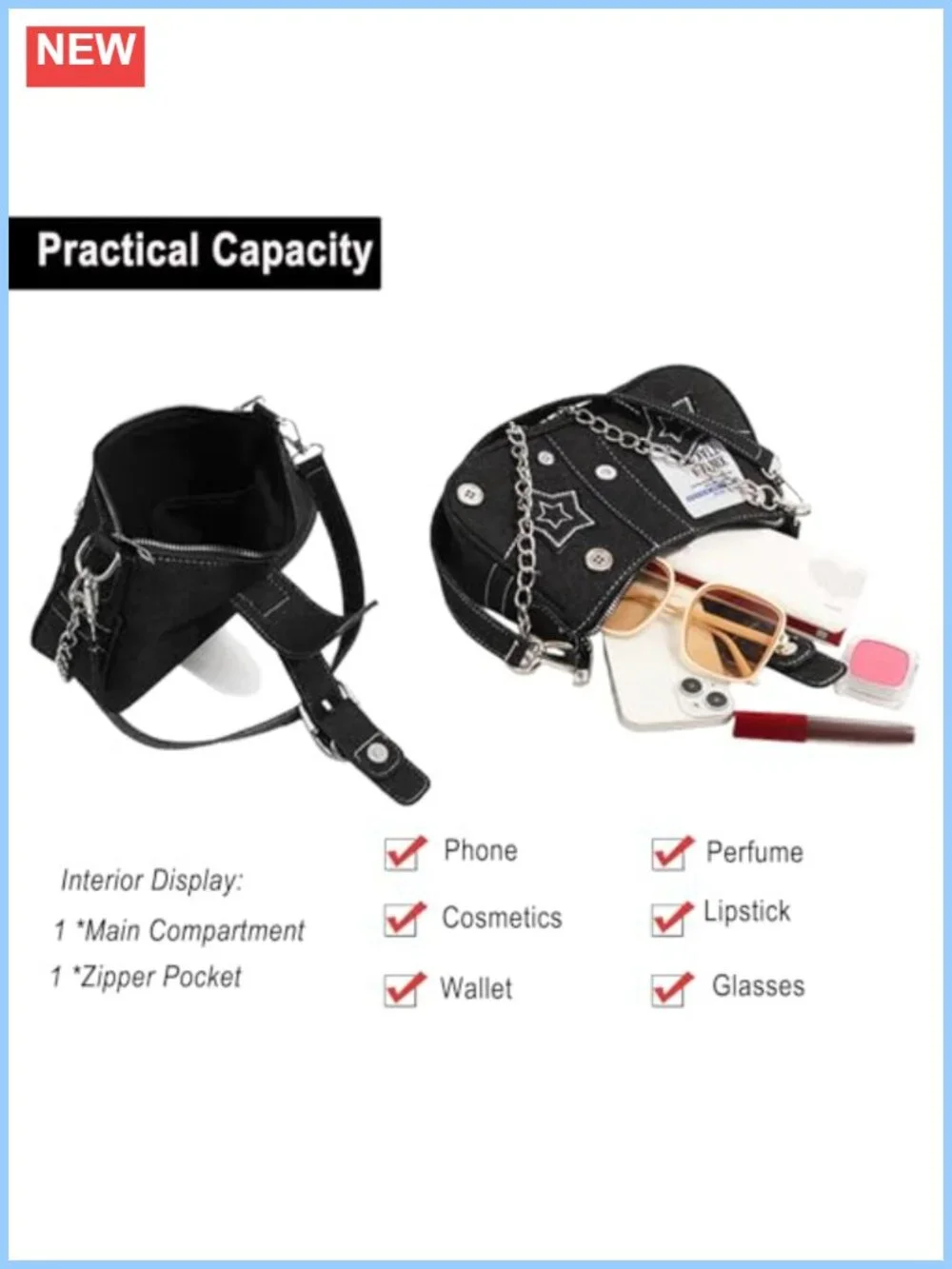 Distressed Denim Hobo Bag Chain Strap Y2K Shoulder Purse for Women